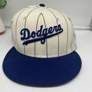 NEW ERA 59‎ FIFTY LA DODGERS BIRDCAGE STRIPE BEIGE BLUE FITTED HAT SZ 7 1/2